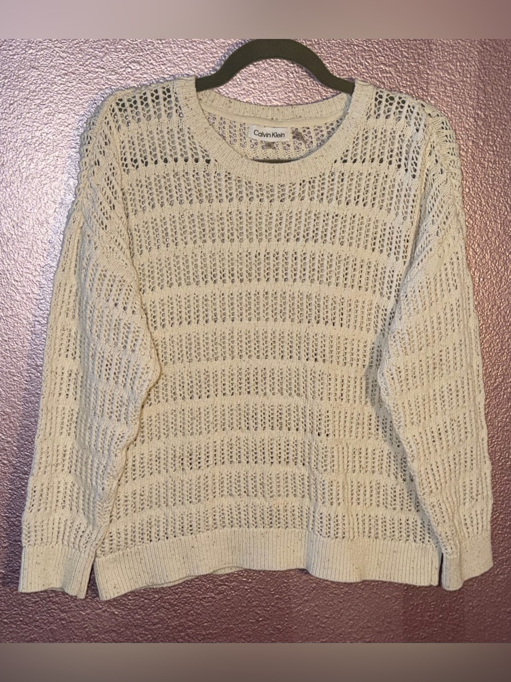Calvin Klein Open-Weave Crew Neck Sweater in Cream